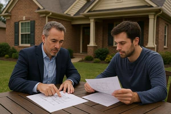 Homeowner in Toledo, Ohio, reviewing an elevation certificate with a real estate professional before selling a floodplain property.
