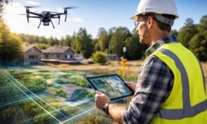 Surveyor operating drone over development site - ALTA SURVEY Ohio Licensed professional using a drone and tablet during land surveying work at a suburban development site