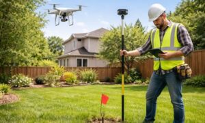 Aerial land surveyor property inspection - ALTA SURVEY Ohio A surveyor inspecting a property marker while a drone captures aerial data during drone surveying of a residential lot