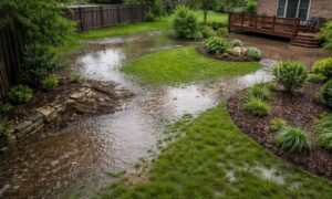Residential yard with standing water after heavy rain showing drainage patterns a topographic survey can help identify