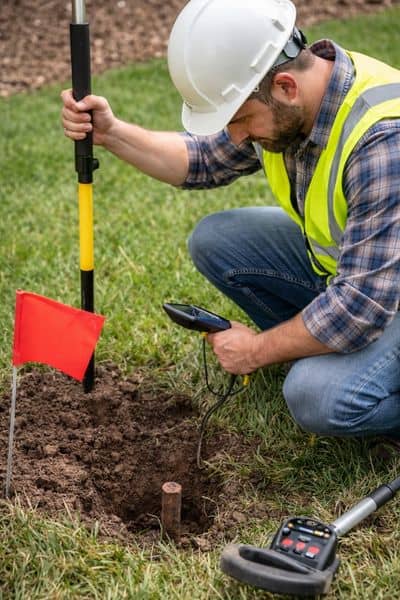 Surveyor locating buried property marker - ALTA SURVEY Ohio Land surveyor using GPS equipment to locate a buried property marker during drone surveying boundary verification
