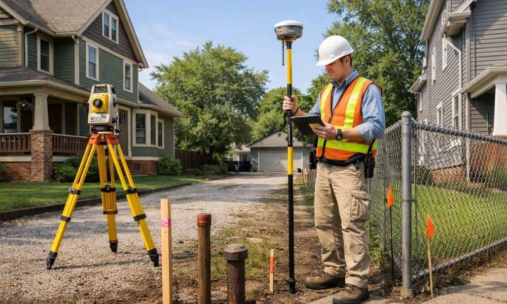 Land surveyor conducting an ALTA survey along a property boundary near a chain-link fence to identify easements and property rights
