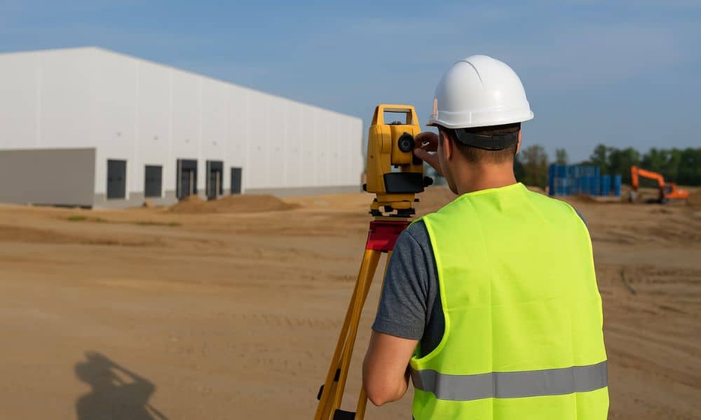 Land Surveyor at Active Logistics Construction Site - ALTA SURVEY Ohio Land surveyor working on an active logistics park construction site with surveying equipment, planning layout and access for future development.