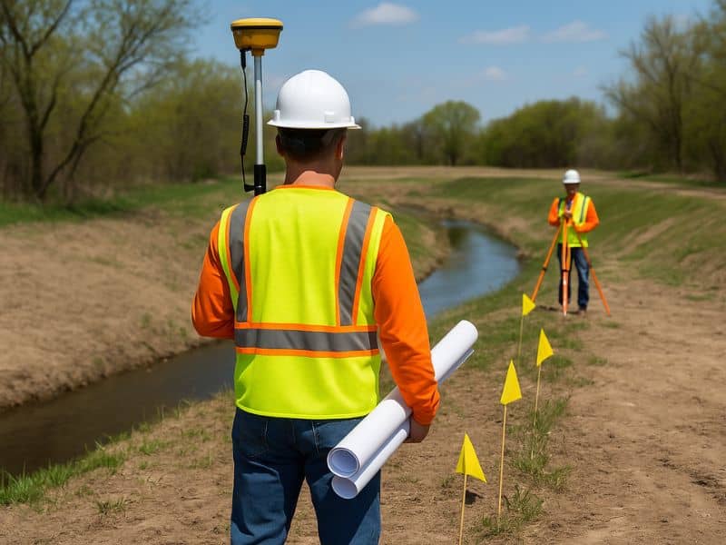 survey team marking drainage corridors on-site - ALTA SURVEY Ohio Survey team marking stormwater boundaries and buffers for environmental compliance