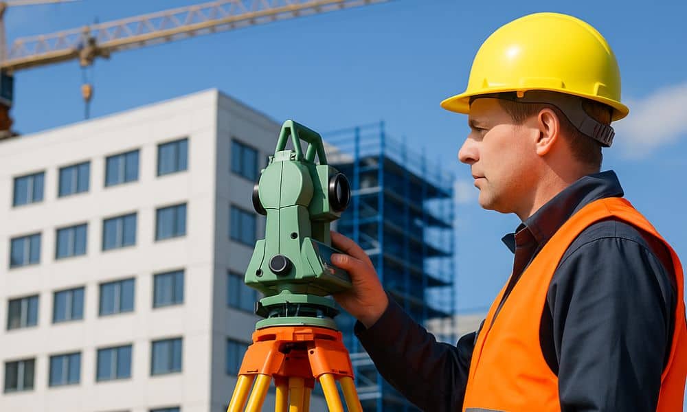 surveyor on a healthcare campus construction site - ALTA SURVEY Ohio Land surveyor measuring property lines during hospital construction