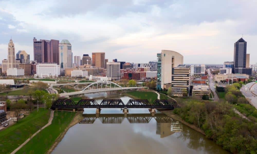 lidar mapping columbus ohio development - ALTA SURVEY Ohio Aerial photo of downtown Columbus, Ohio showing bridges, buildings, and topography—ideal for LiDAR mapping in urban development projects.