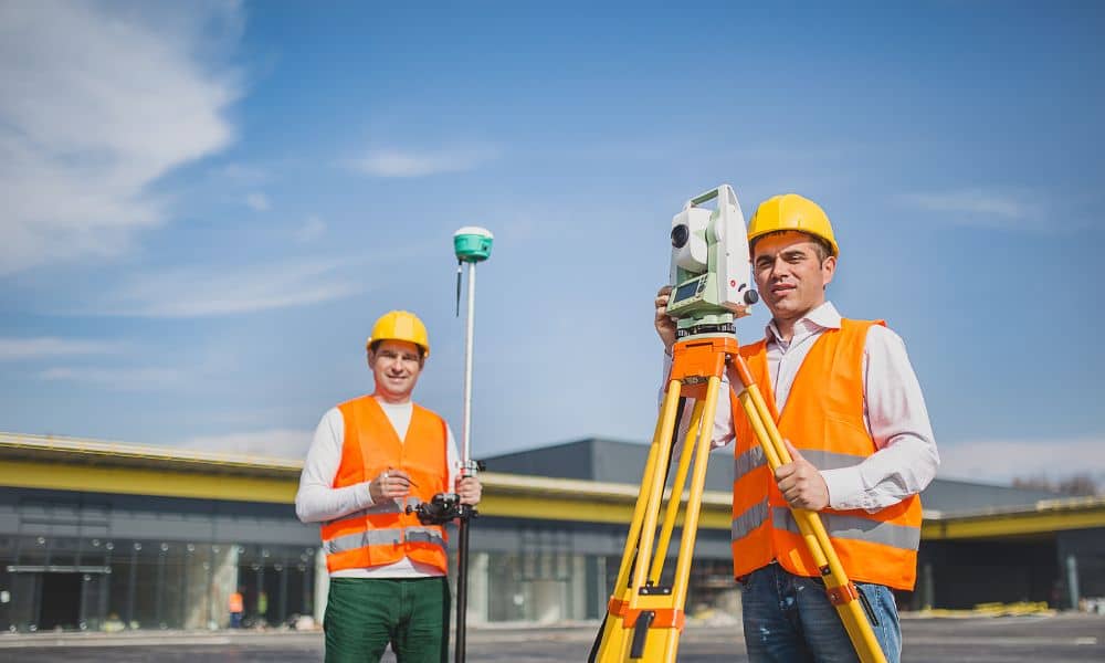 alta survey ohio commercial property - ALTA SURVEY Ohio Two land surveyors conducting a site survey in front of a commercial property in Ohio using modern equipment