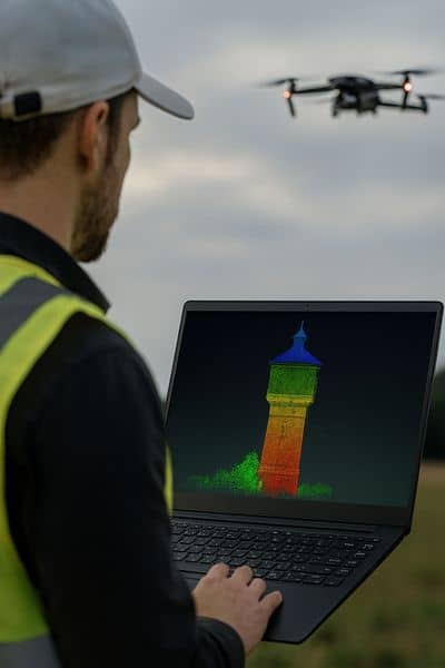 Drone land surveying showing a surveyor analyzing a 3D LiDAR model of a water tower on a laptop with a drone flying nearby
