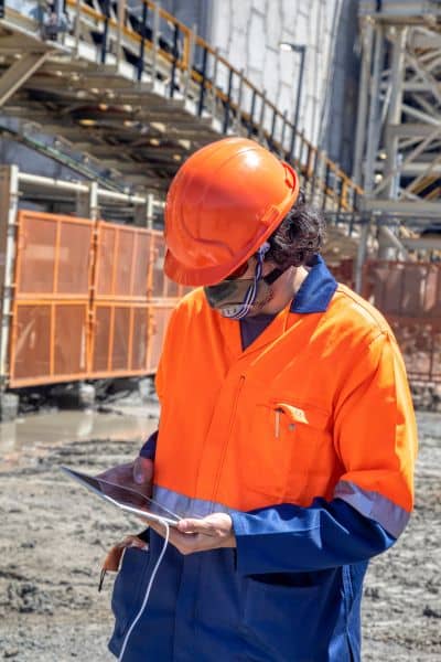 Engineer reviewing drone surveying data - ALTA SURVEY Ohio An engineer analyzing drone surveying data on a tablet after a site flight to plan grading and construction layouts
