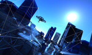 Aerial survey drone capturing land data over a modern city landscape