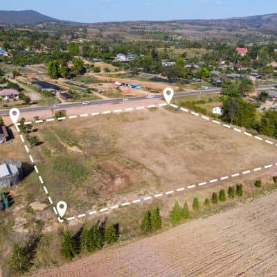 Drone surveys view showing mapped property boundaries and markers on rural land

