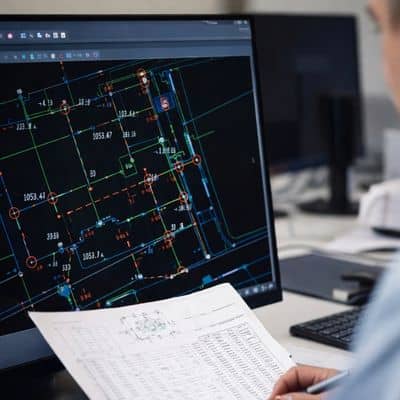 Cad layout and survey data review on monitor - ALTA SURVEY Ohio Engineer reviewing construction survey layout and coordinate data on CAD screen