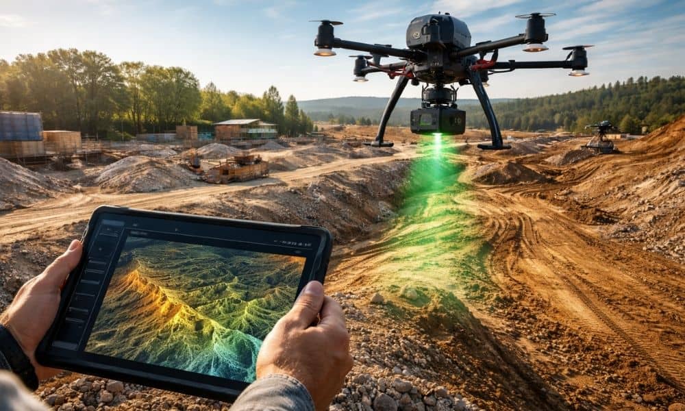 Survey drone performing aerial lidar mapping over an active construction site with terrain model displayed on a field tablet