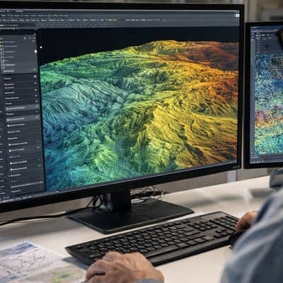 Civil engineer reviewing processed lidar mapping terrain model and point cloud data on dual monitors
