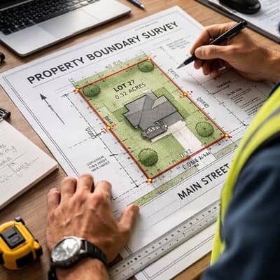Professional boundary survey document review - ALTA SURVEY Ohio Survey companies near me reviewing a certified property boundary survey document in a professional office setting