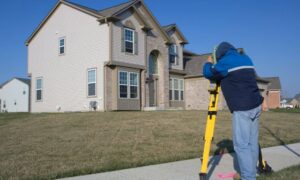 Property line measurement suburban home - ALTA SURVEY Ohio A local surveyor measuring a residential property line near a suburban home