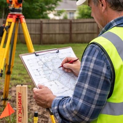 Surveyor reviewing property boundary plans - ALTA SURVEY Ohio A local surveyor reviewing property boundary plans near a residential neighborhood