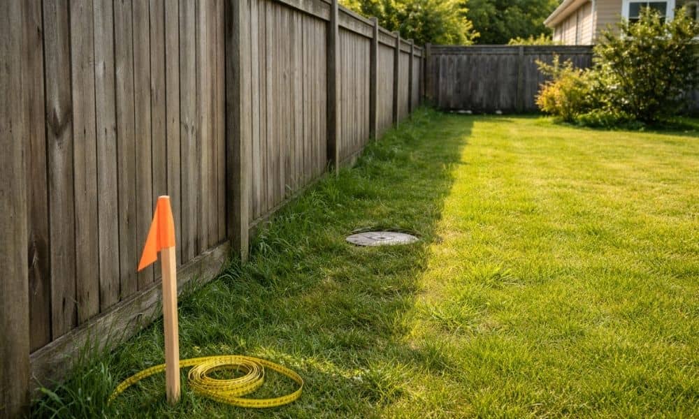 Backyard strip fence survey stakes - ALTA SURVEY Ohio A realistic backyard with a narrow strip of grass behind a wooden fence, showing uneven ground, a small sewer cover, and survey stakes in the background