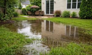 Water pooling in a suburban backyard after a storm showing potential flood risk and need for an elevation certificate