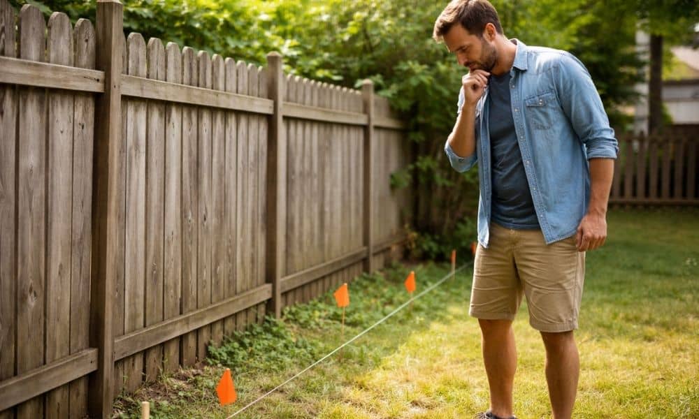 Homeowner checking an old fence line in the backyard while trying to determine the correct boundary for a land survey for fence placement