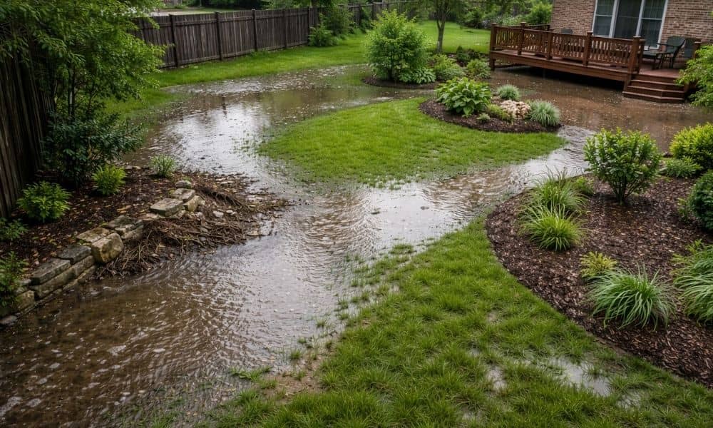 Residential yard with standing water after heavy rain showing drainage patterns a topographic survey can help identify