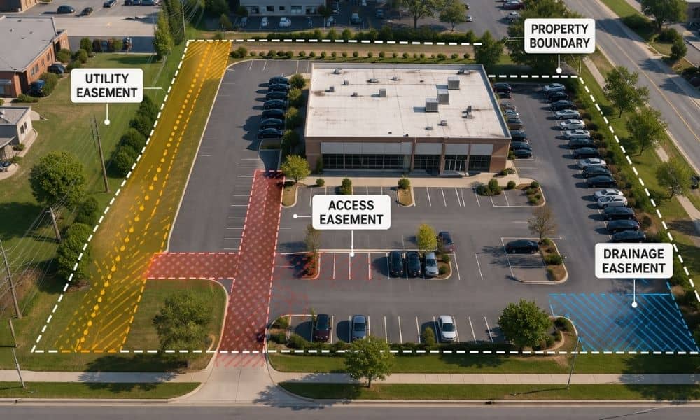 Alta land survey showing easement lines and property boundaries on a commercial site
