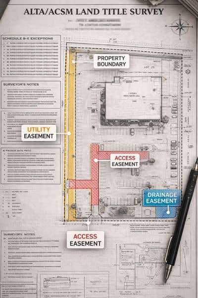 Alta land survey document showing easements and boundary details on a commercial property