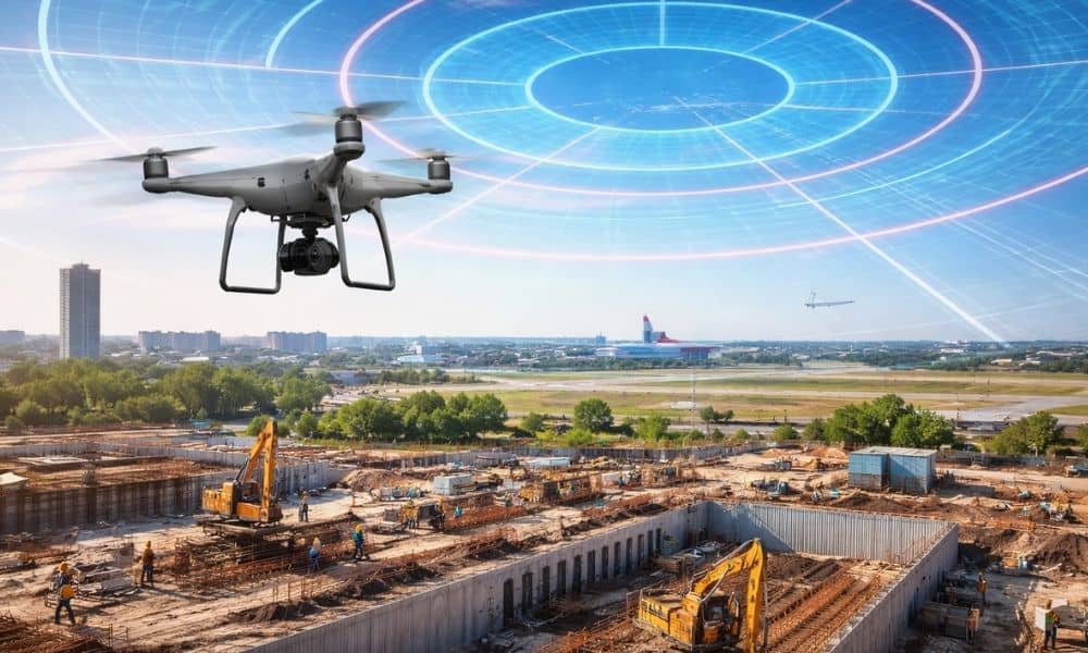 Drone survey flying over a construction site near airport airspace showing planning and flight restrictions
