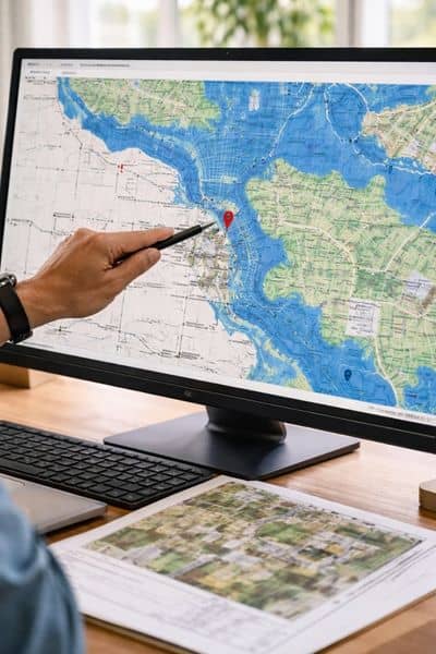 Close-up of a flood map on a screen showing property zones while reviewing elevation survey requirements