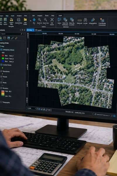 Survey professional reviewing orthophoto layers and mapping data on a GIS workstation screen, illustrating how aerial mapping is processed and analyzed for property evaluation and planning