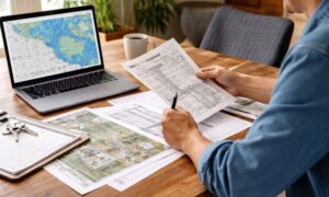 Homeowner reviewing property documents and maps before ordering an elevation survey