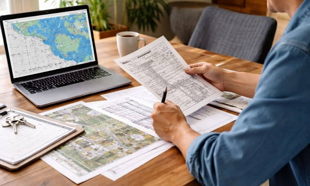 Homeowner reviewing property documents and maps before ordering an elevation survey