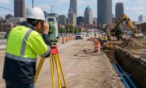 Surveyor using a total station at an active city road construction site with utility markings and excavation work in progress