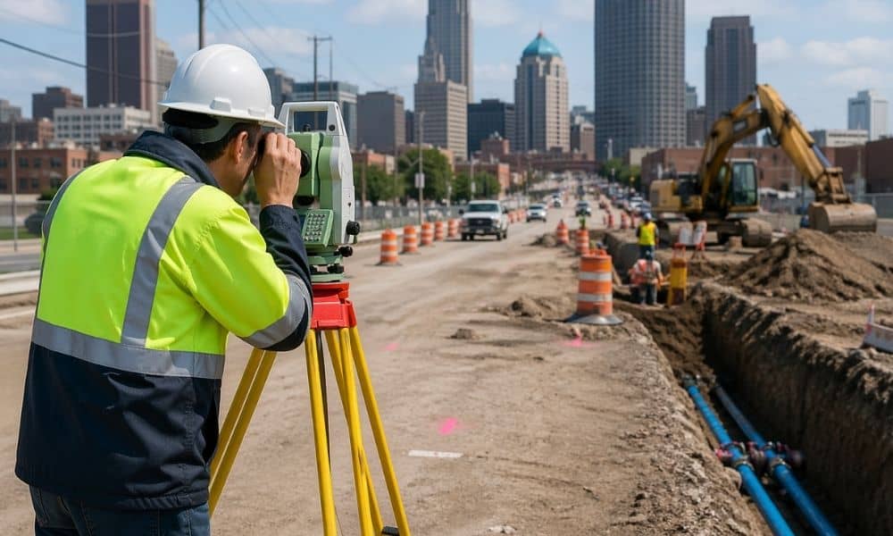 Surveyor using a total station at an active city road construction site with utility markings and excavation work in progress