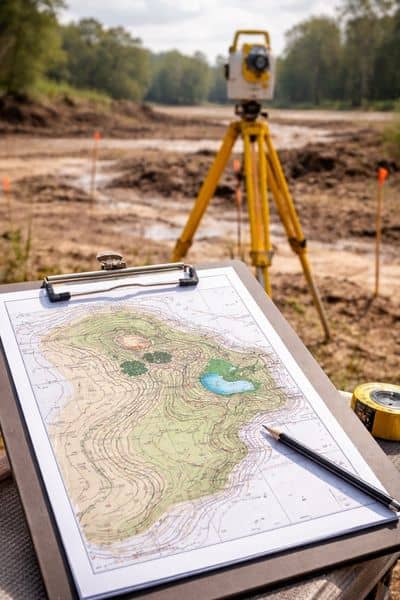 Land surveyor using equipment to measure ground elevation changes after flooding for a topographic survey