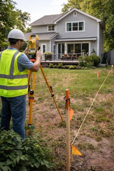 Land surveyor using equipment to measure property boundaries and verify details during a title survey