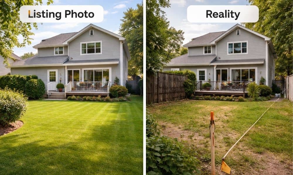 Comparison of a clean real estate listing photo and the actual property view showing differences that a title survey can reveal