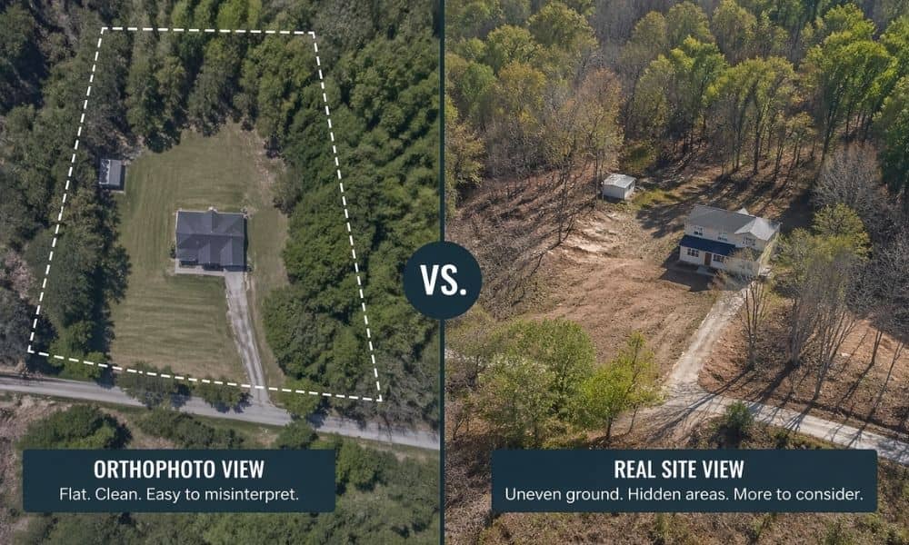 Side-by-side aerial comparison showing an orthophoto view and real site conditions of a property, highlighting differences in terrain, tree cover, and visibility issues before aerial mapping decisions