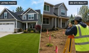 Split view of a suburban home showing a clean listing photo on one side and a land survey company inspecting the property with surveying equipment and markers on the other side
