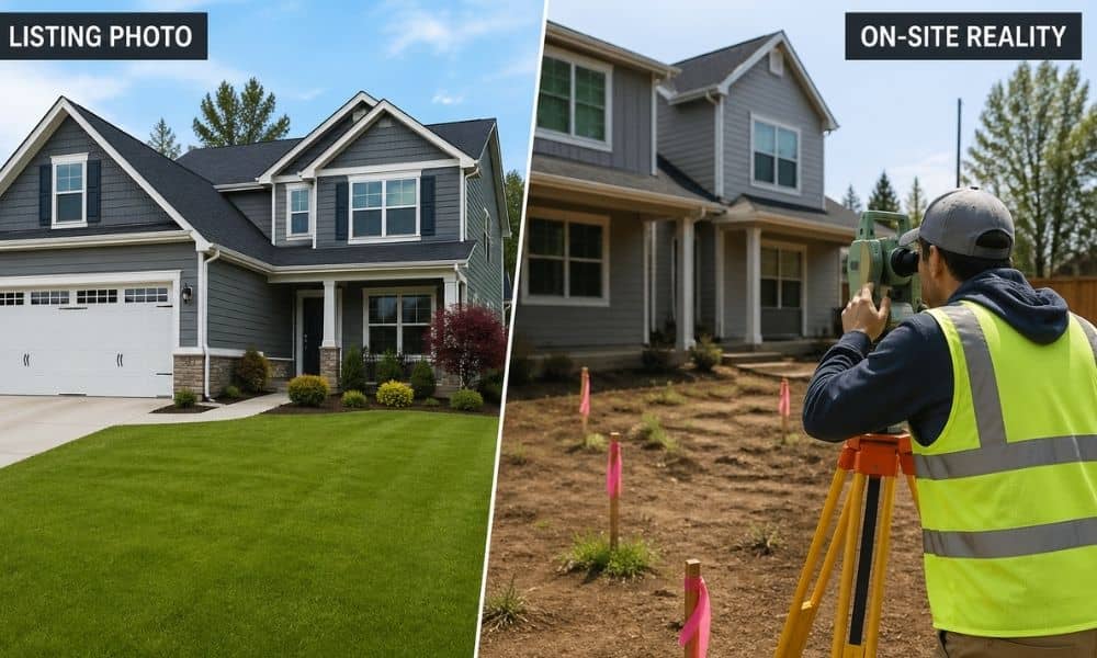 Split view of a suburban home showing a clean listing photo on one side and a land survey company inspecting the property with surveying equipment and markers on the other side