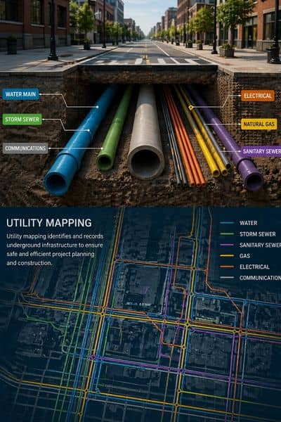 Illustrated cross-section of a city street showing underground water, gas, and electrical lines used in utility mapping for infrastructure planning