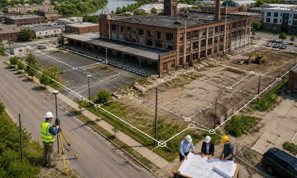 Aerial view of an old factory being planned for apartment conversion with ALTA survey property lines, site features, and redevelopment planning visible