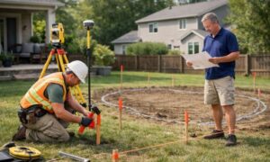 Boundary survey backyard pool project - ALTA SURVEY Ohio Homeowner and surveyor discussing a boundary survey before building a backyard pool