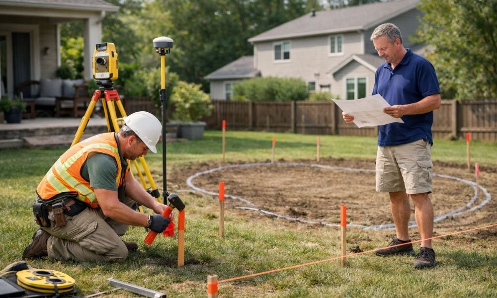 Homeowner and surveyor discussing a boundary survey before building a backyard pool