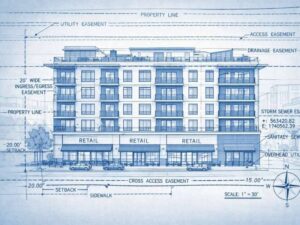 ALTA survey overlay on a mixed-use building showing property lines, easements, and utilities before purchase