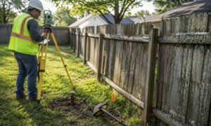 A land surveyor performs a boundary survey beside an old wooden fence to locate the property line before the fence is replaced
