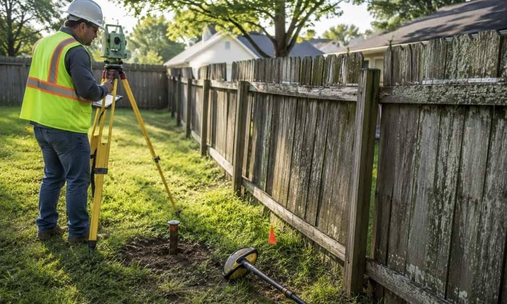 Boundary survey before fence replacement - ALTA SURVEY Ohio A land surveyor performs a boundary survey beside an old wooden fence to locate the property line before the fence is replaced