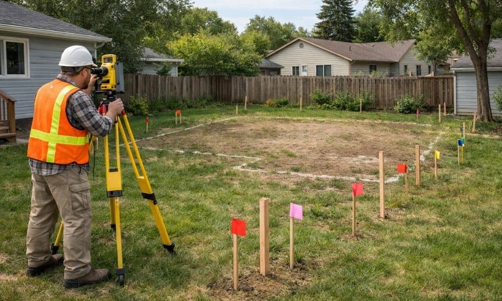 Boundary survey detached garage site planning - ALTA SURVEY Ohio Land surveyor conducting a boundary survey with marked stakes in a backyard before a detached garage is built