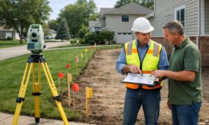 Boundary survey driveway planning - ALTA SURVEY Ohio Surveyor and homeowner reviewing property boundaries during a boundary survey for a new driveway