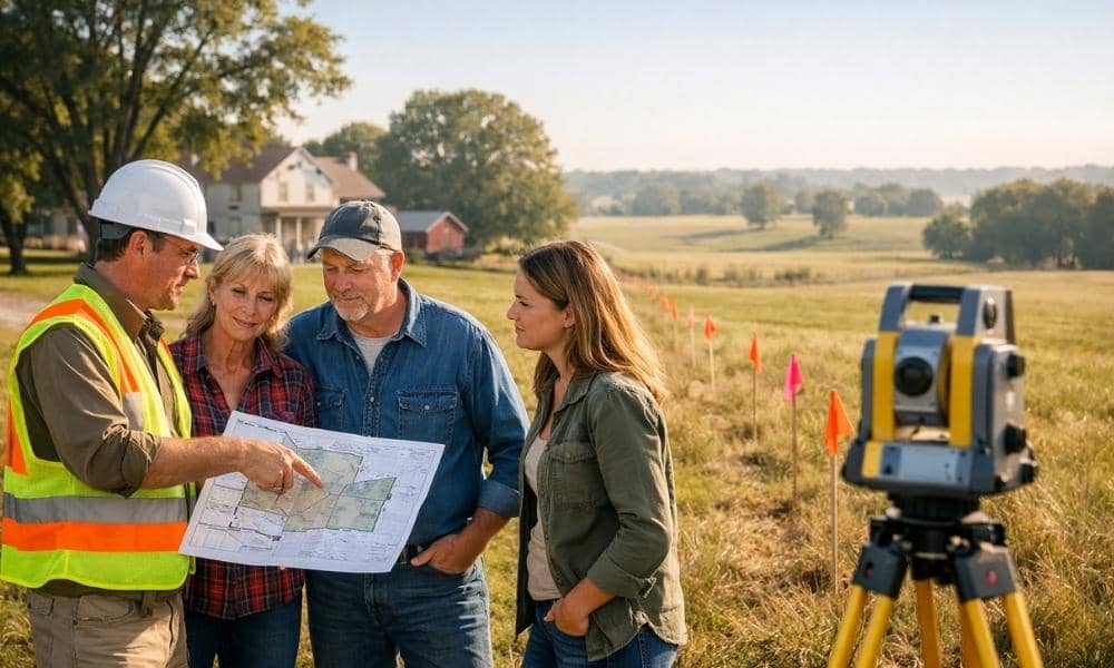 A surveyor reviews a property map with a family before dividing their land